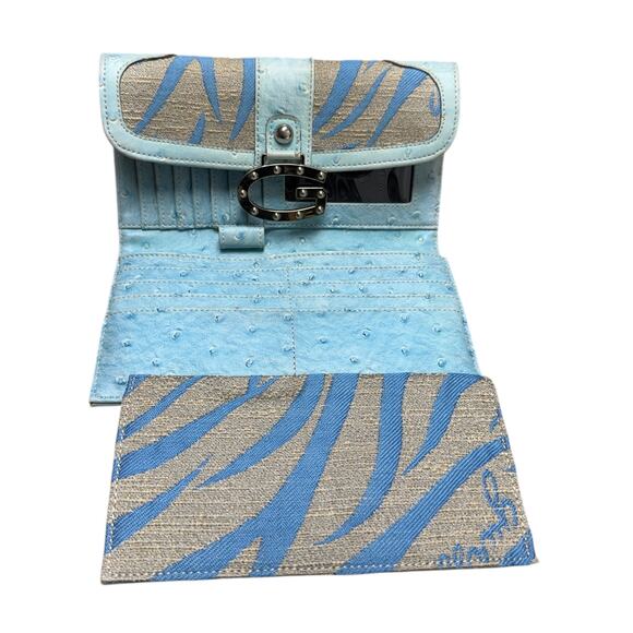 Vintage Y2K Guess Trifold Wallet Leather Canvas Blue Beige Zebra Stripe Retro - Picture 6 of 7